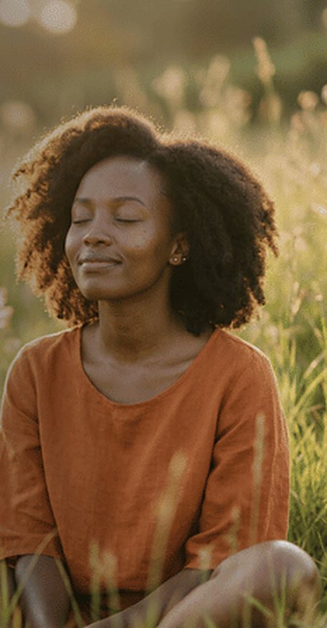 A woman sitting in tall grass in the morning sun